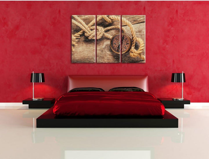 Pixxprint Schiffseil und Kompass / 3-Teilig/Gesamtmass 120cm Leinwandbild bespannt auf Holzrahmen/Wa