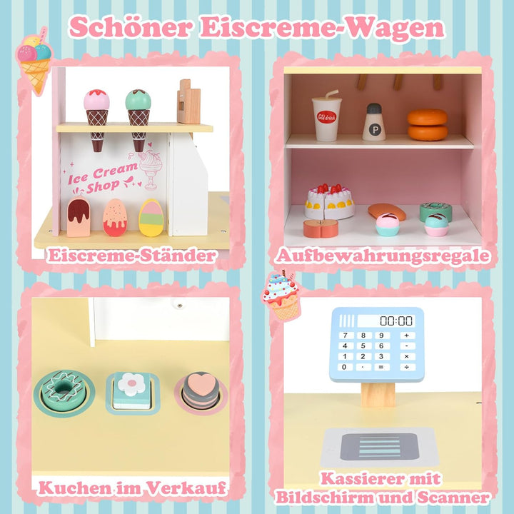 COSTWAY Eiswagen Kinder mit Eiscreme Spielzeug, Eisladen Holz mit Eismaschine & Verkaufsautomat & Ka