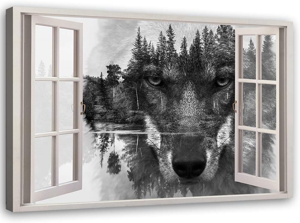 Feeby Bilder - Foto Geschenk - Fensterblick Wolf Tiere - 120x80 cm XXL 1tlg - Leinwandbilder Wohnzim