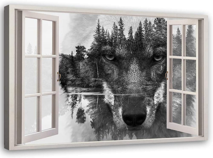 Feeby Bilder - Foto Geschenk - Fensterblick Wolf Tiere - 120x80 cm XXL 1tlg - Leinwandbilder Wohnzim