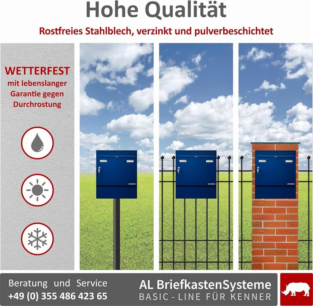 AL Briefkasten Systeme Basic 1er Briefkasten mit Zeitungsfach in RAL 5010 Enzianblau 1 Fach DIN A4 P