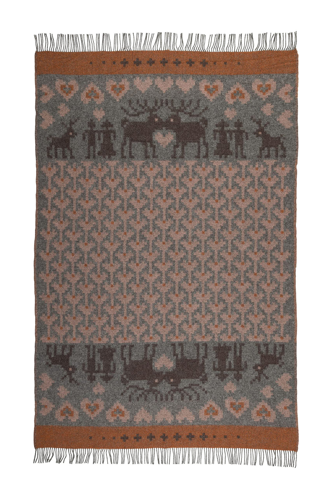 ÖJBRO VANTFABRIK "Fästfolk Emilia&Einar gewebte Wolldecke mit Fransen 130x220 cm grau/orange/rosa 10