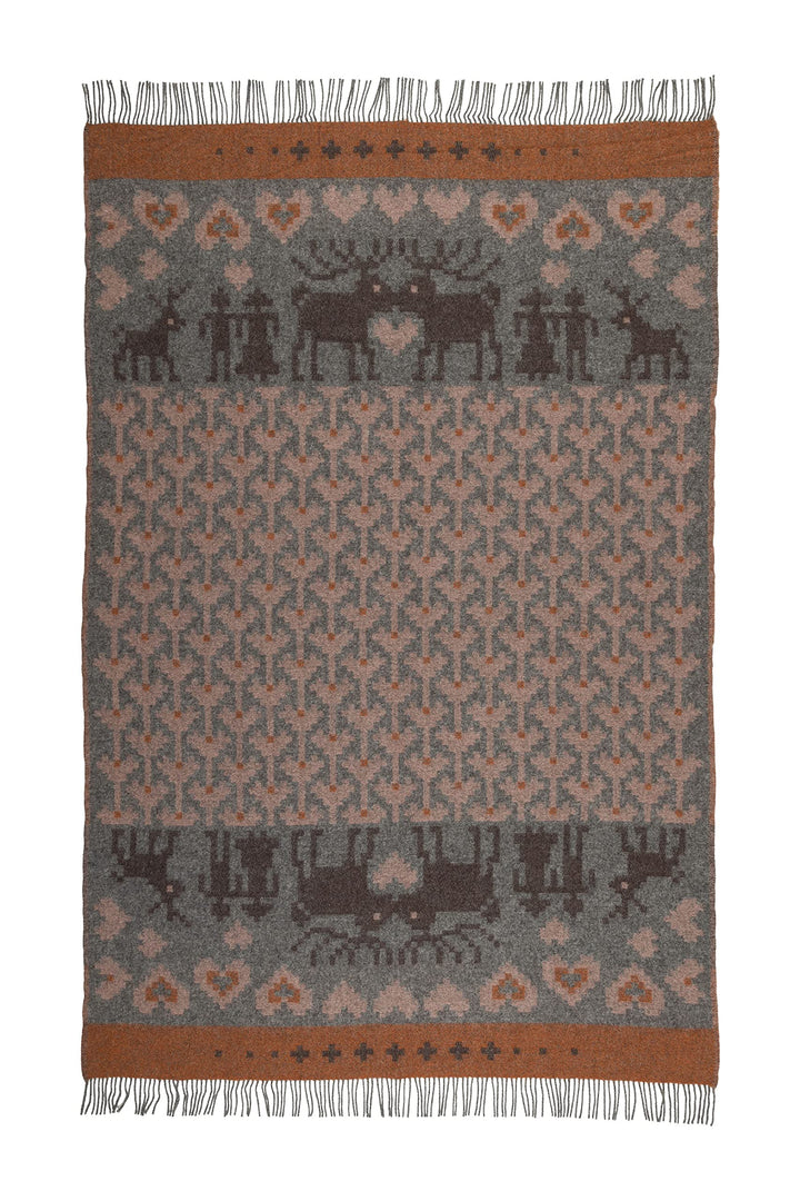 ÖJBRO VANTFABRIK "Fästfolk Emilia&Einar gewebte Wolldecke mit Fransen 130x220 cm grau/orange/rosa 10