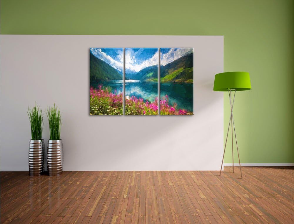 Pixxprint Blumenwiese am Bergsee Pinsel Effekt 3-Teiler Leinwandbild 120x80 Bild auf Leinwand