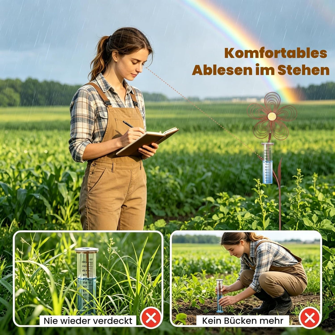 Regenmesser für Garten 115 cm, Frostsicher Niederschlagsmesser in Rostoptik zur Messung der Regenmen