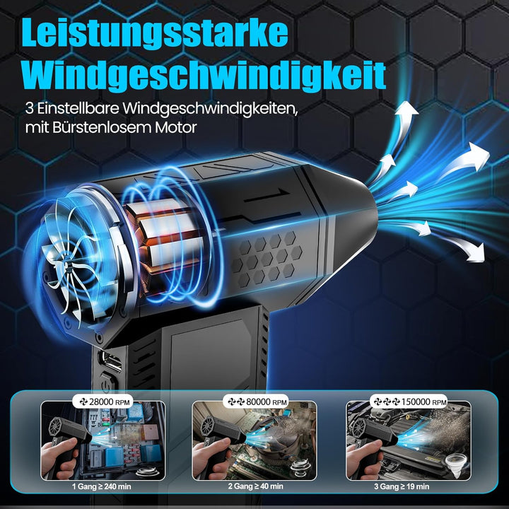 Electric Air Duster,130000RPM Elektrische Staubgebläse Druckluftspray, 3-Gang Mini-Elektrische Staub