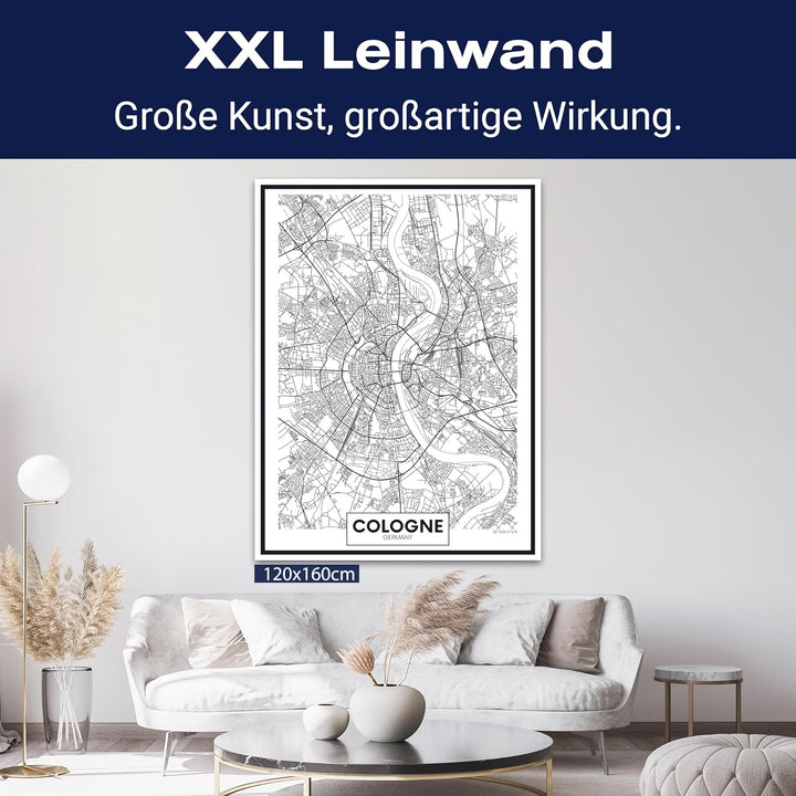 wandmotiv24 Stadt Karte als Leinwandbild, 100x75cm, Hochformat, Köln, Deutschland, Cologne, NRW, Str