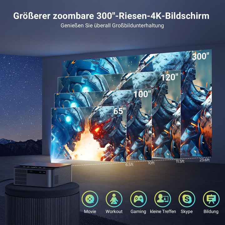 Beamer 4K Unterstützung, 25,000 Lux,Native 1080P, HDR 10,Smart Auto Focus, Heimkino Projektor, WiFi
