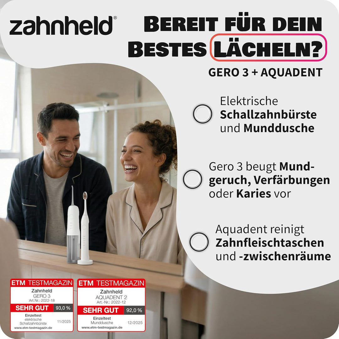 Zahnheld® Super-Set, elektrische Schallzahnbürste GERO + Munddusche AQUADENT | inkl. Bürstenkopf & R