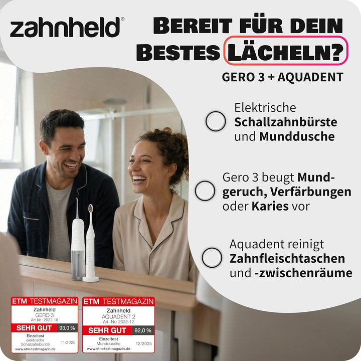 Zahnheld® Super-Set, elektrische Schallzahnbürste GERO + Munddusche AQUADENT | inkl. Bürstenkopf & R