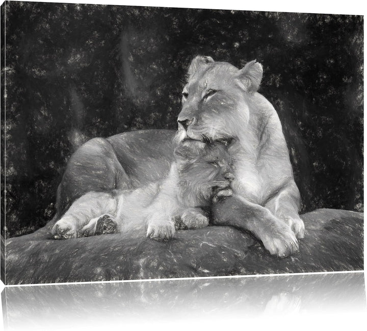 Pixxprint Löwe Löwenjungen / 100x70cm Leinwandbild bespannt auf Holzrahmen/Wandbild Kunstdruck Dekor