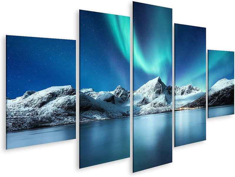 islandburner Bild auf Leinwand Aurora Borealis Lofoten Inseln Norwegen Nordlichter Berge Reflexion W