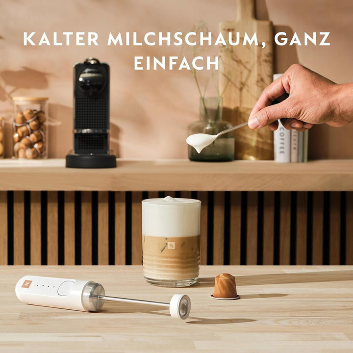 NESPRESSO NanoFoamer Stab-Milchaufschäumer Weiss | Wiederaufladbarer Stabmixer aus Edelstahl, USB‑C