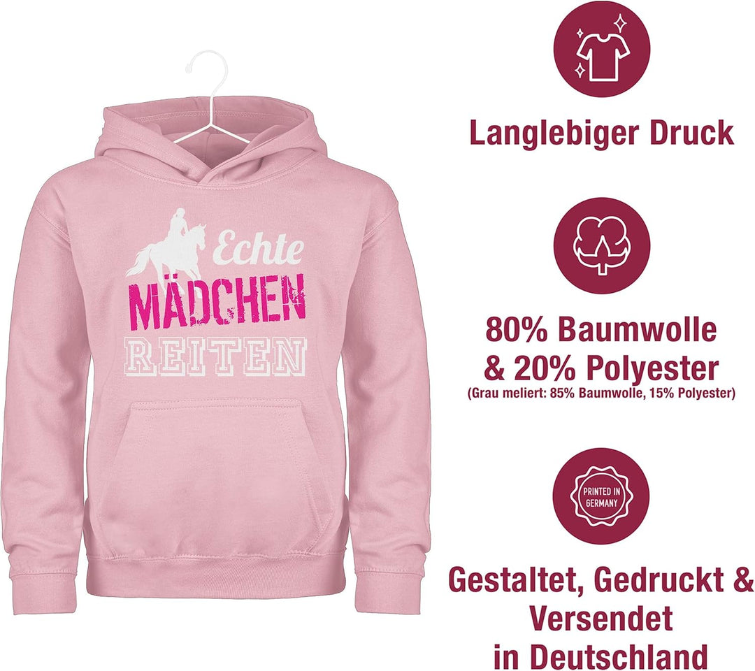 Kinder Hoodie Jungen Mädchen - Pferd Pferde - Echte Mädchen reiten - 128 (7/8 Jahre) - Hellrosa - pf