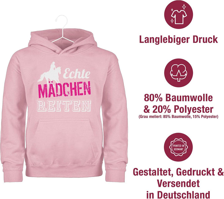 Kinder Hoodie Jungen Mädchen - Pferd Pferde - Echte Mädchen reiten - 128 (7/8 Jahre) - Hellrosa - pf