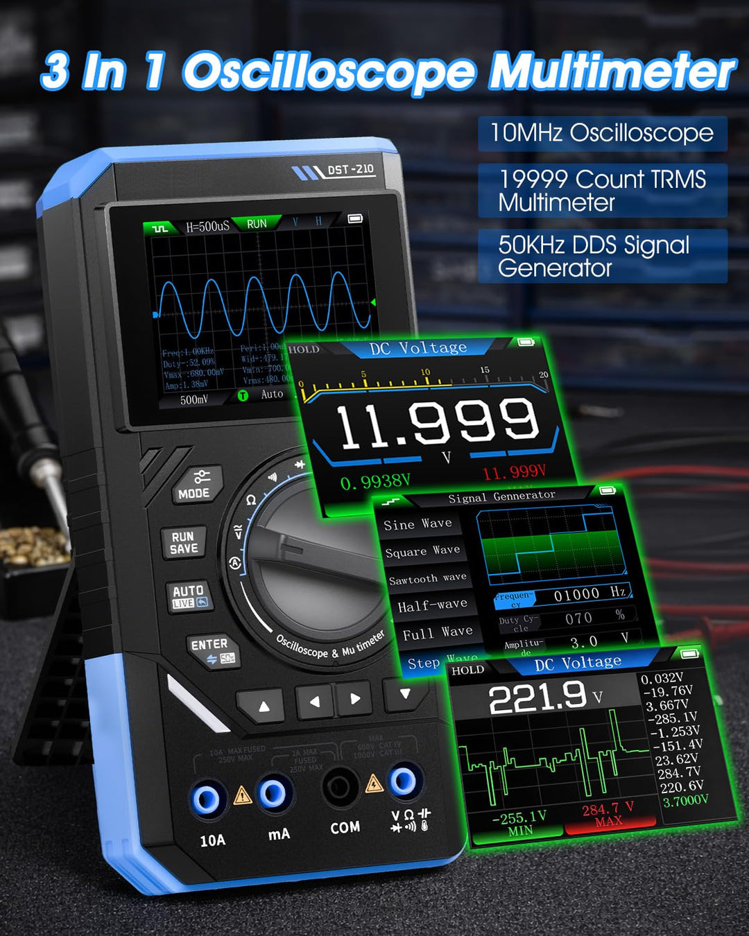 Kfz Oszilloskop 10MHz Bandbreite, Multimeter 19.999 Zählwerten, DDS-Generator, Abtastrate 48 MS/s, A