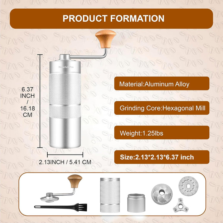 NewlukPro M6 Kaffeemühle Handbuch, Kapazität 25g, Hand Kaffeemühle Sharp Hexagonal Mahlkern, tragbar