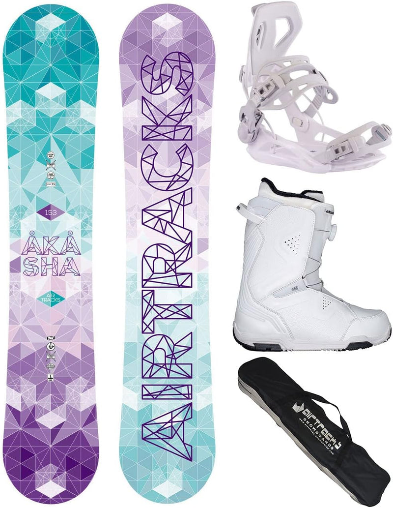 Airtracks Damen Snowboard Set Akasha Flat Zero Rocker + Bindung Master W Fastec + Snowboard Boots +