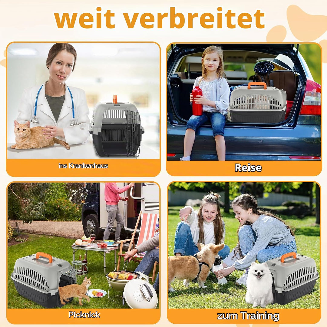 Hundebox Transportbox Katze 48x32x32 cm Katzentransportbox Hundetransportbox aus Kunststoff mit Eise