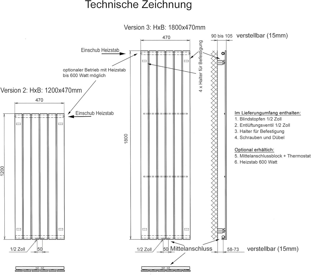Badheizkörper Design Peking 2 120x47cm 799 Watt weiss (+ 2 Knopfhalter) SZAGATO Handtuchwärmer Handt