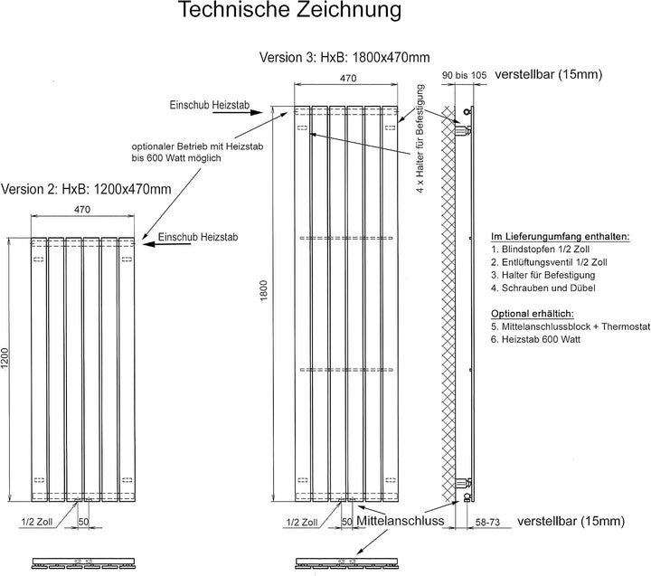 BADHEIZKÖRPER Design Mirror Steel 2 120x47cm 799 W anthrazit SZAGATO Handtuchwärmer Handtuchtrockner