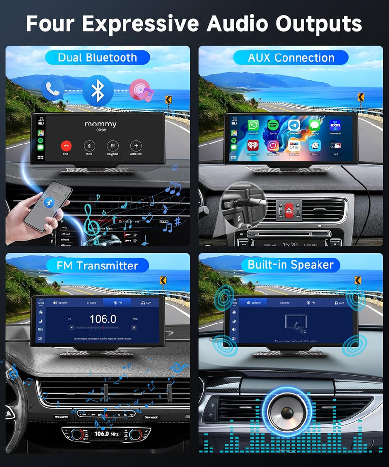 Podofo Tragbar Wireless Apple Carplay Bildschirm mit 2K Dashcam Vorne und HD Rückfahrkamera, 9,3-Zol