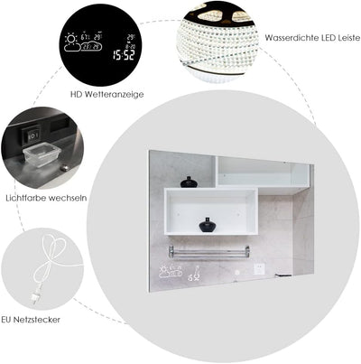 byecold Badspiegel mit LED Beleuchtung 100x60CM, Badezimmerspiegel Beschlagfrei mit Touchschalter, B