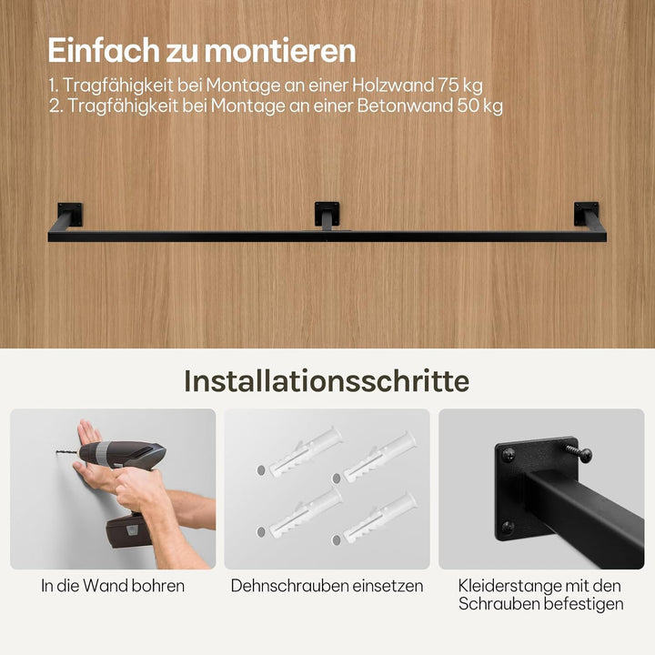 Kleiderstange Wandmontage, Garderobe Rohr industrial, für Flur Küche Wohnzimmer Badezimmer, 140 cm,