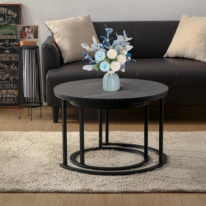 Best Goods Modern Rund Couchtisch 2er Set, wasserdichte Metallhalterung und Marmormuster, für Wohnzi