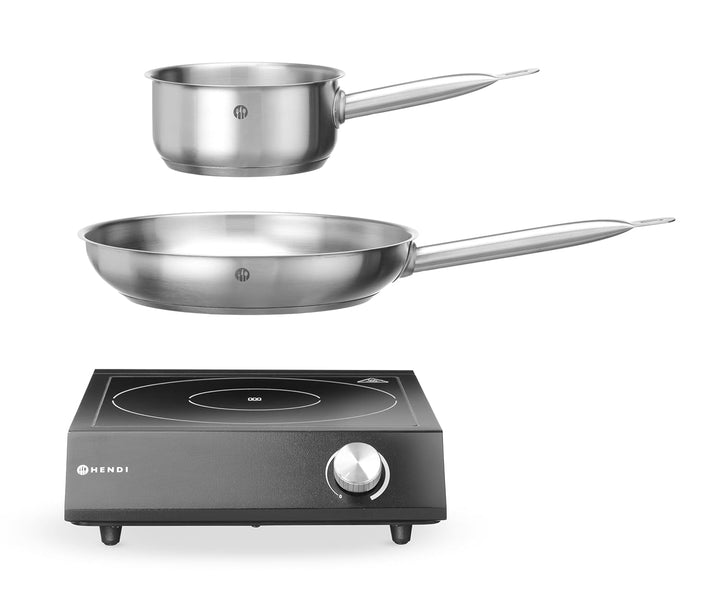 HENDI Induktionskocher-Set, inkl. ø280mm Bratpfanne und ø160mm Kochtopf, für Pfannen mit Bodendurchm