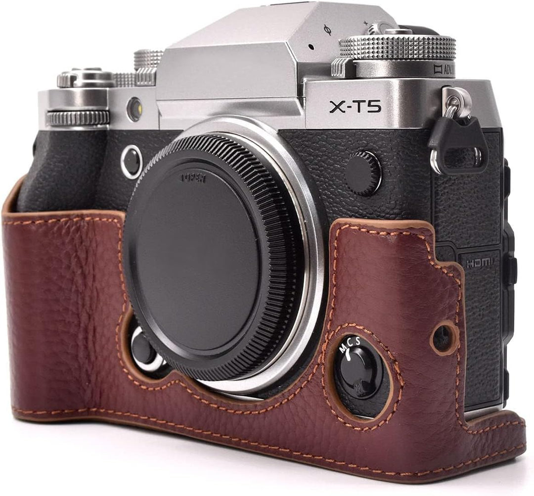 Rieibi Fuji XT5 Schutzhülle für Fujifilm X-T5 Digitalkamera, hochwertiges Echtleder, Halbtasche für