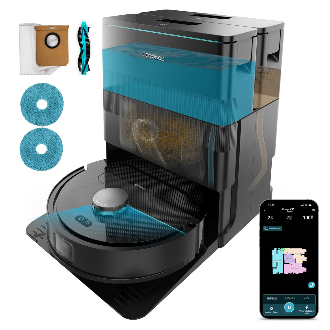 Cecotec Saugroboter und Wischroboter mit Selbstentleerungsstation und App Conga X50 X-Treme. Laserna
