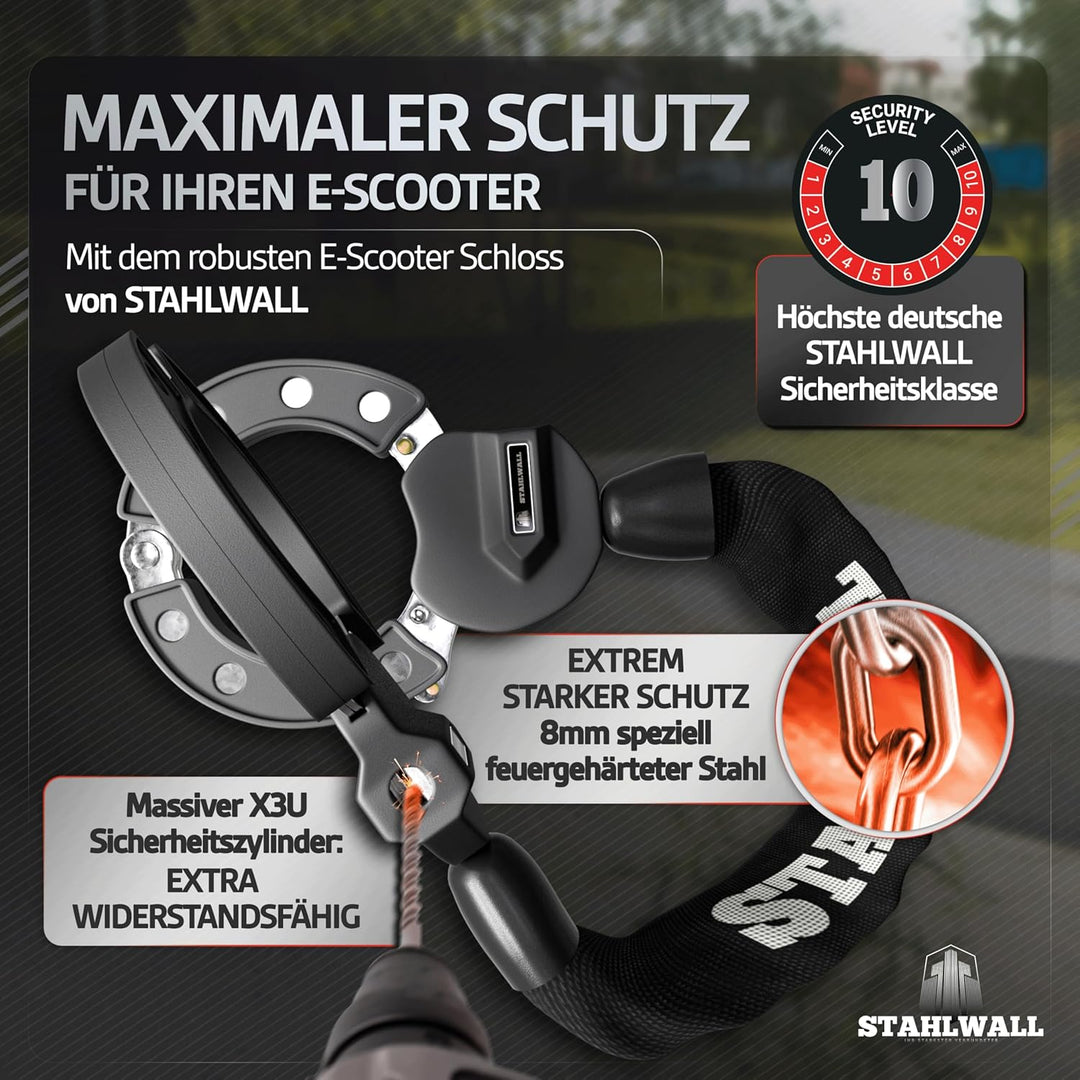 E Scooter Schloss - maximale Sicherheit, feuergehärteter Stahl, Handschellenschloss für E Roller & F