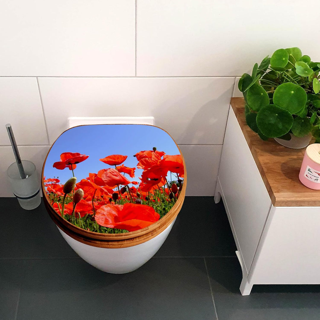banjado® Design WC Sitz Bambus Absenkautomatik mit Motiv Mohnblumen/Toilettendeckel mit Absenkautoma