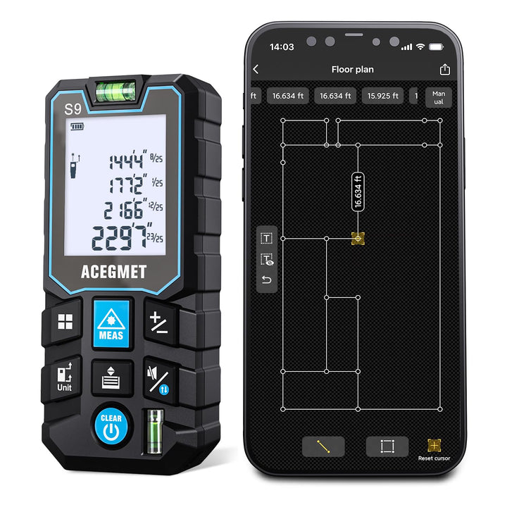 ACEGMET Laser-Entfernungsmesser Smartphone-App,Reichweite, 2 Wasserwaagen, Bluetooth,LCD-Display mit