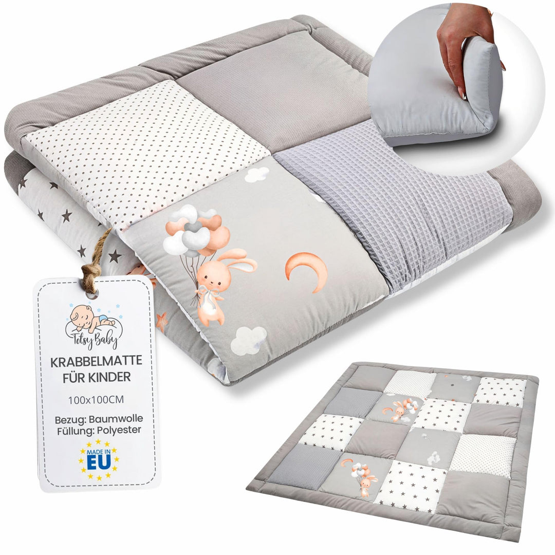 Baby Krabbeldecke 100x100 cm Velvet - Spielmatte Patchwork Spielmatte gepolstert Bodenmatte Dicke Ba
