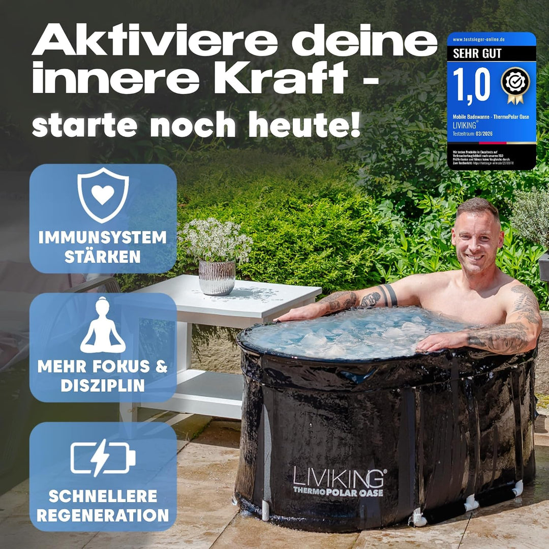 Eisbad 120 cm Komfort-Komplettset – faltbare Badewanne von LIVIKING® Schwarz 120 cm – Classic, Schwa