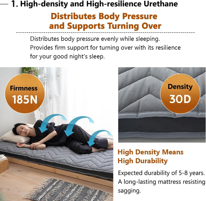 EMOOR Japanische Wollmischung Gepolsterte Futonmatratze GOMA 160 x 202 cm Grau (Fest), Urethan Zwick