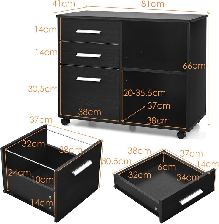 GIANTEX Rollcontainer, Aktenschrank mit 3 Schubladen & 2 offenen Fächern, Büroschrank für Drucker &
