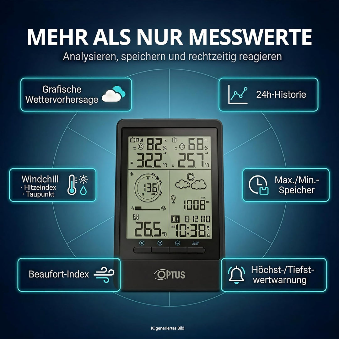 Optus 5-in-1 Funk-Wetterstation mit Aussensensor – Messung von Temperatur, Luftfeuchtigkeit, Wind, R