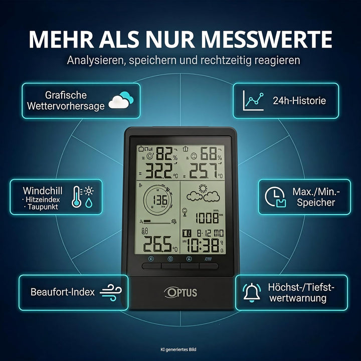 Optus 5-in-1 Funk-Wetterstation mit Aussensensor – Messung von Temperatur, Luftfeuchtigkeit, Wind, R