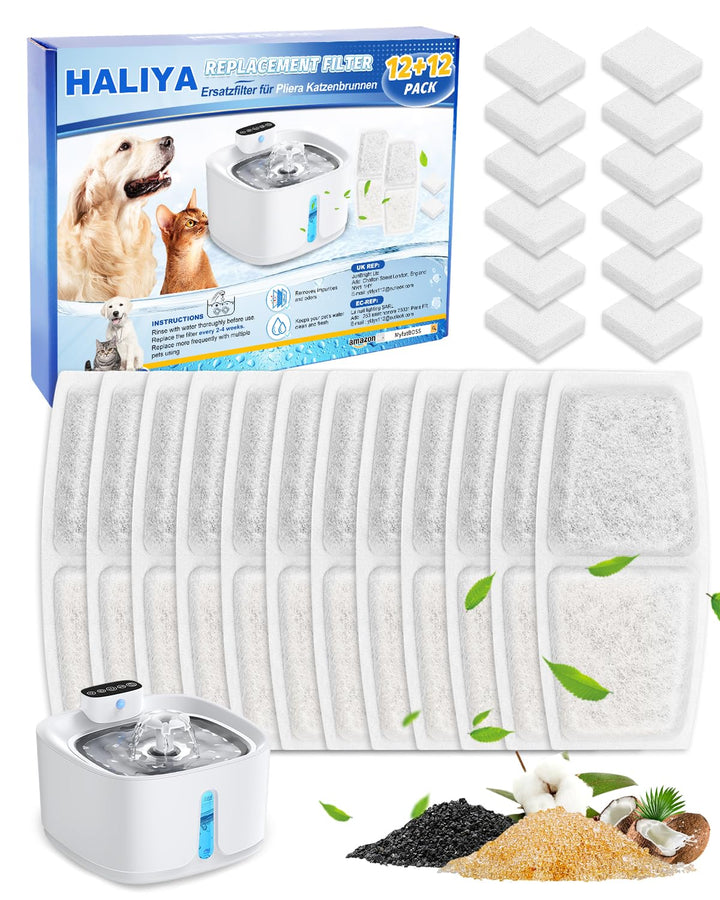 Haliya Katzenbrunnen Filter 12+12 Stück, Wasserfilter Trinkbrunnen Passend für Pliera 3.2L Katzenbru