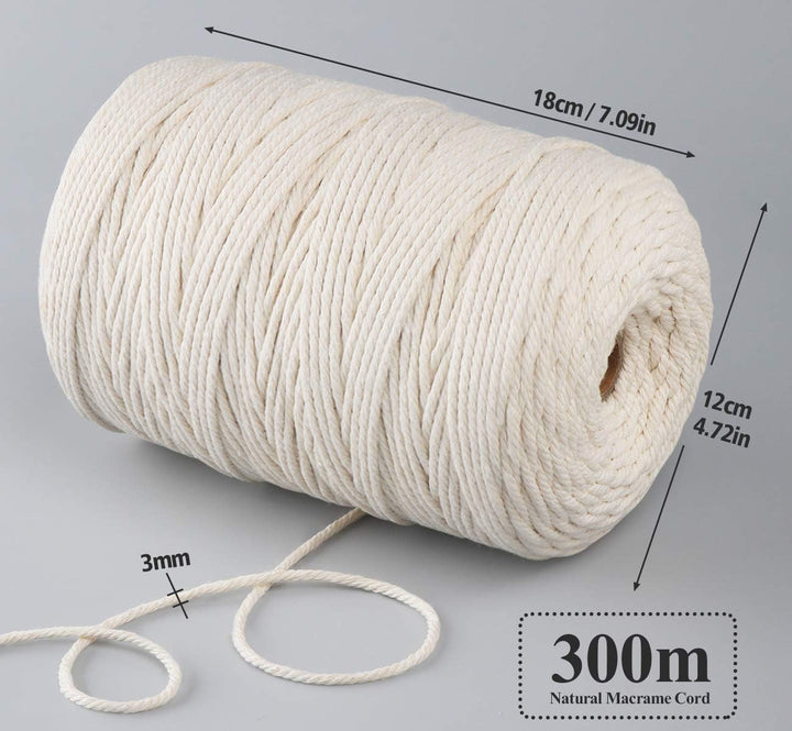 Makramee Baumwolle Garn 3 mm x 300 m Natürliche Baumwollgarn, Beigefarbenes Kordelseil für DIY Handw