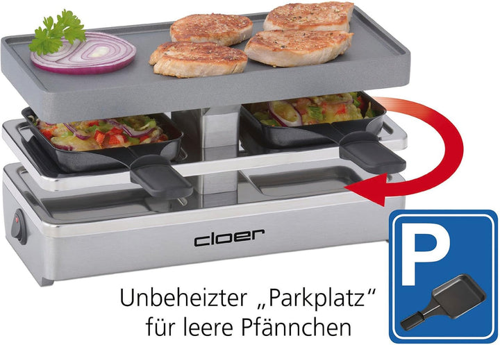 Cloer 6495 Mini Raclettegrill / 400 W / 2 Pfännchen mit wärmeisolierten Griffen / Unbeheizter "Parkp