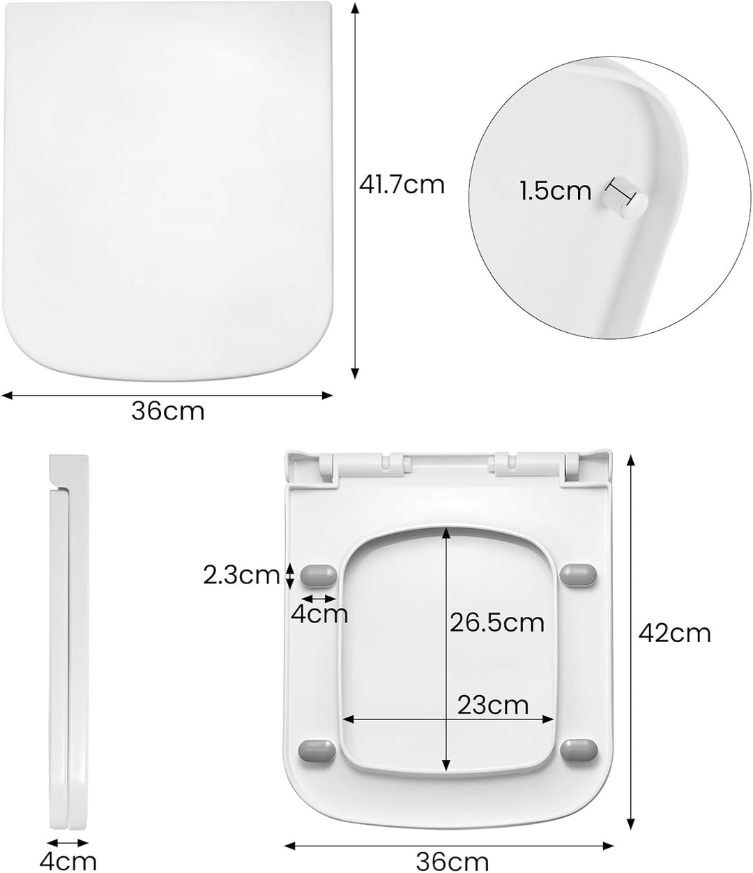 Toilettendeckel Eckig 36x42x4 cm mit Absenkautomatik & Montageset – Quadratischer WC-Sitz Weiss, Sof