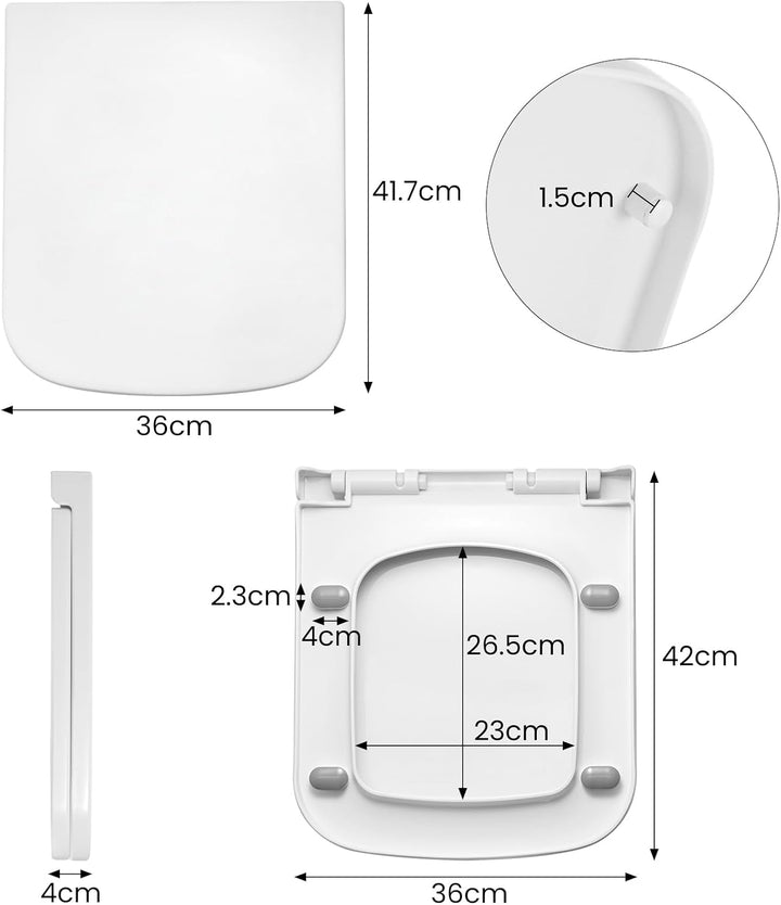 Toilettendeckel Eckig 36x42x4 cm mit Absenkautomatik & Montageset – Quadratischer WC-Sitz Weiss, Sof