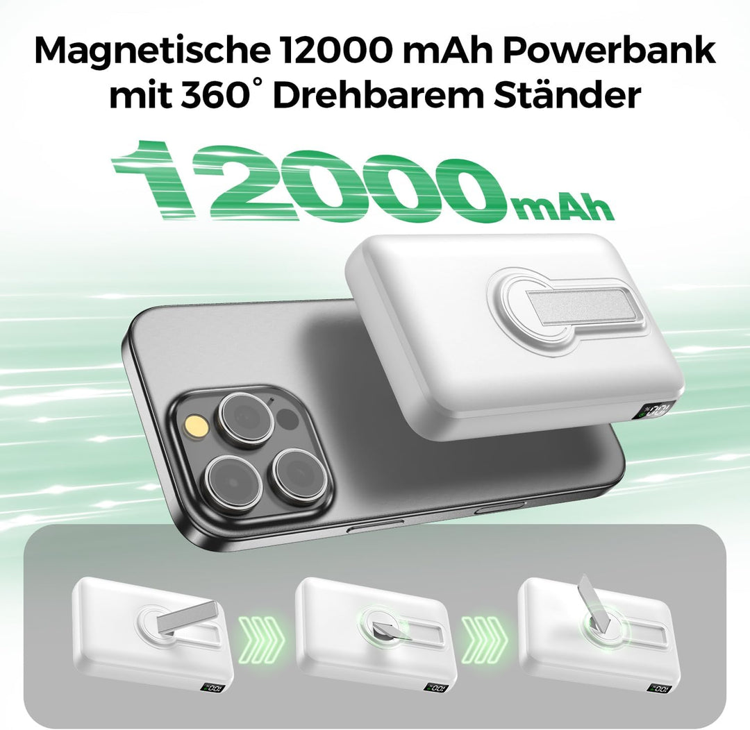 Kabellose Powerbank für Magsafe, 12000mAh Power Bank mit Klappbarem Standfuss, 22.5W PD USB-A Ausgab