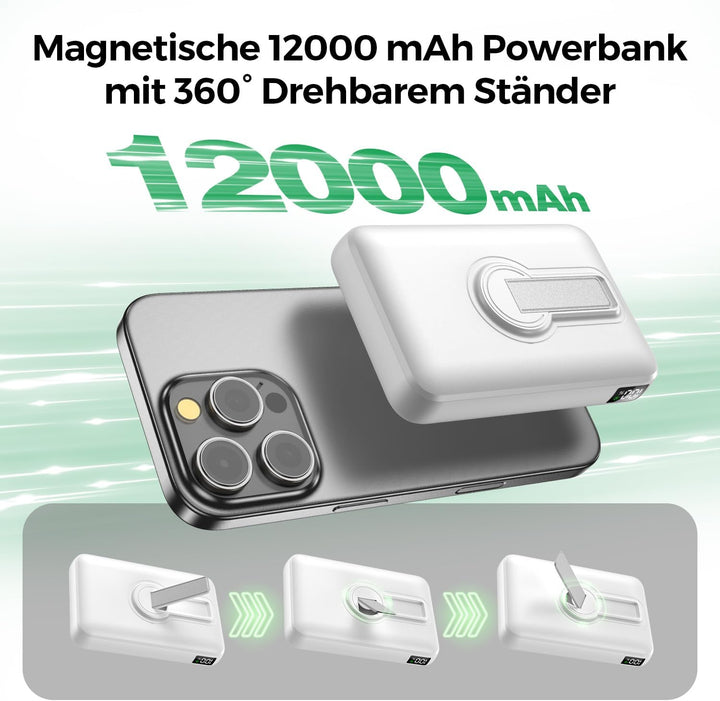 Kabellose Powerbank für Magsafe, 12000mAh Power Bank mit Klappbarem Standfuss, 22.5W PD USB-A Ausgab