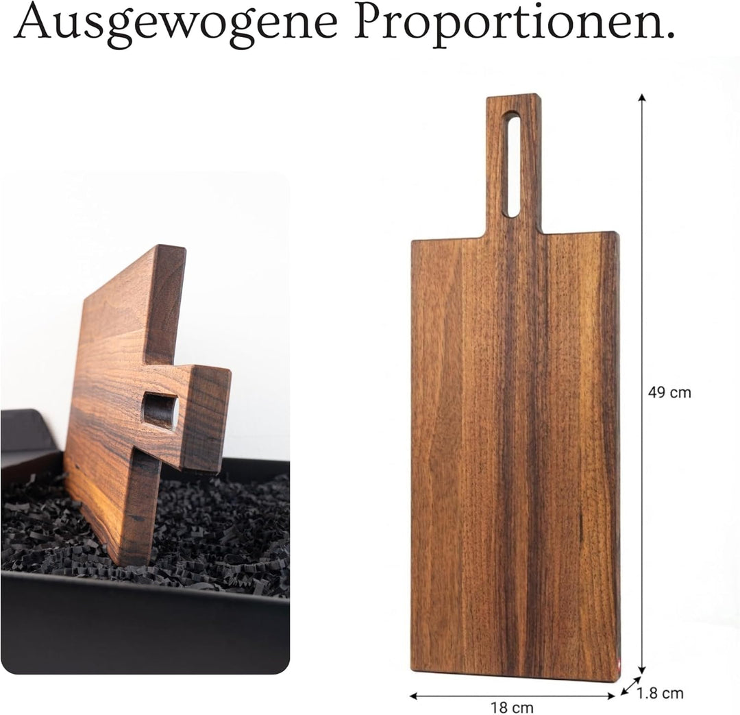 PAVLOVA’S Schweizer Nussbaum Servierbrett 49 × 18 cm – Massiver Nussbaum mit Griff und Aufhängeloch