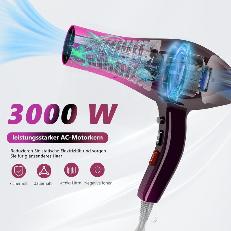 Jooayou Föhn, Fön, Haartrockner, 3000 W Haarföhn für Damen, Föhn mit Diffusor, Profi-Fön, 3 Hitze-un